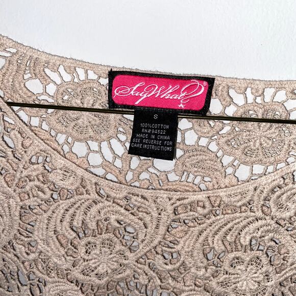 Say What? Nude Tan Floral Lace Sheer Crop Top 100% Cotton S Overlay Layering - Picture 3 of 4